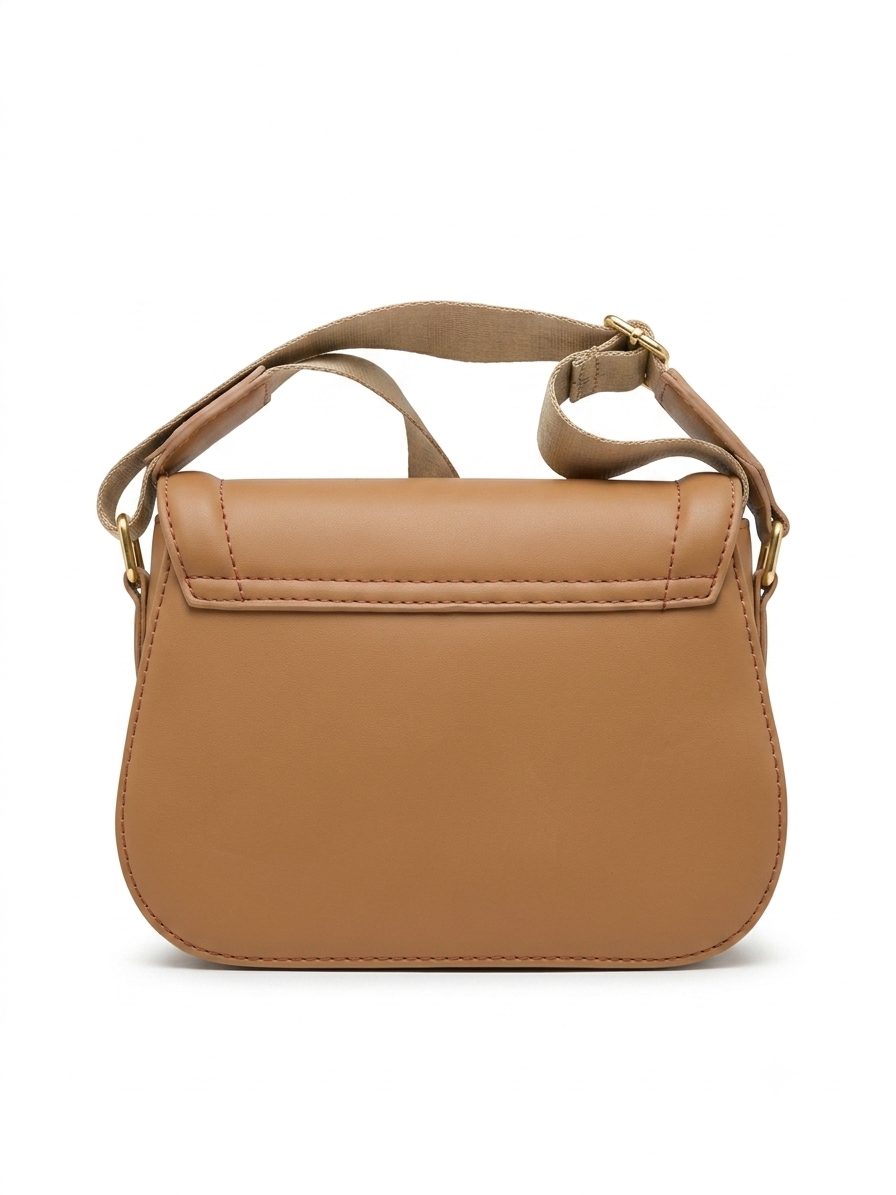 Camel leather flap bag back view with gold-tone hardware