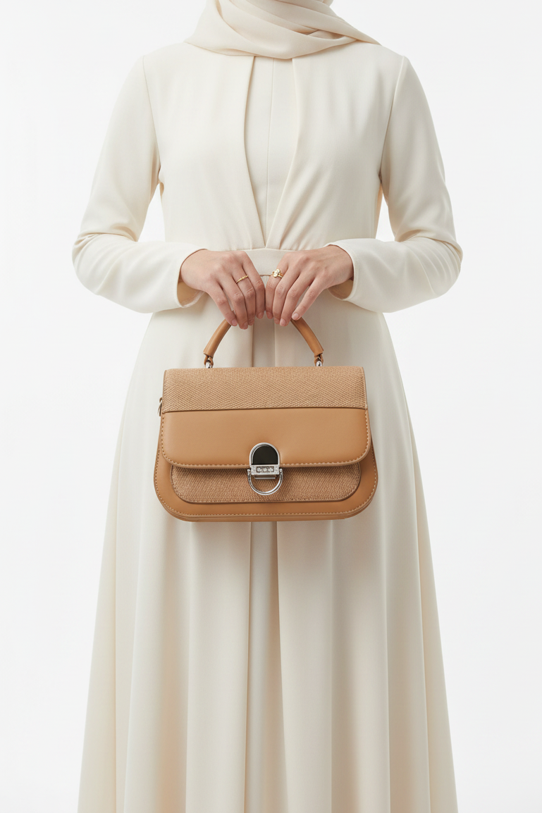 Camel Raffia & Leather Top Handle Satchel Bag with Silver Turn-Lock