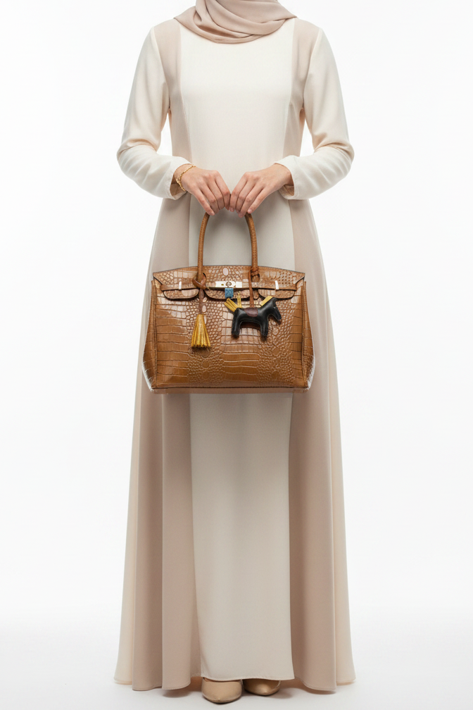 Tan Crocodile-Embossed Leather Tote Bag with Gold Padlock & Horse Charm