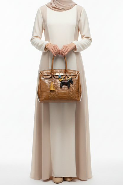 Tan Crocodile-Embossed Leather Tote Bag with Gold Padlock & Horse Charm