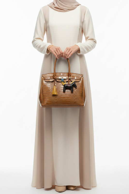 Tan Crocodile-Embossed Leather Tote Bag with Gold Padlock & Horse Charm