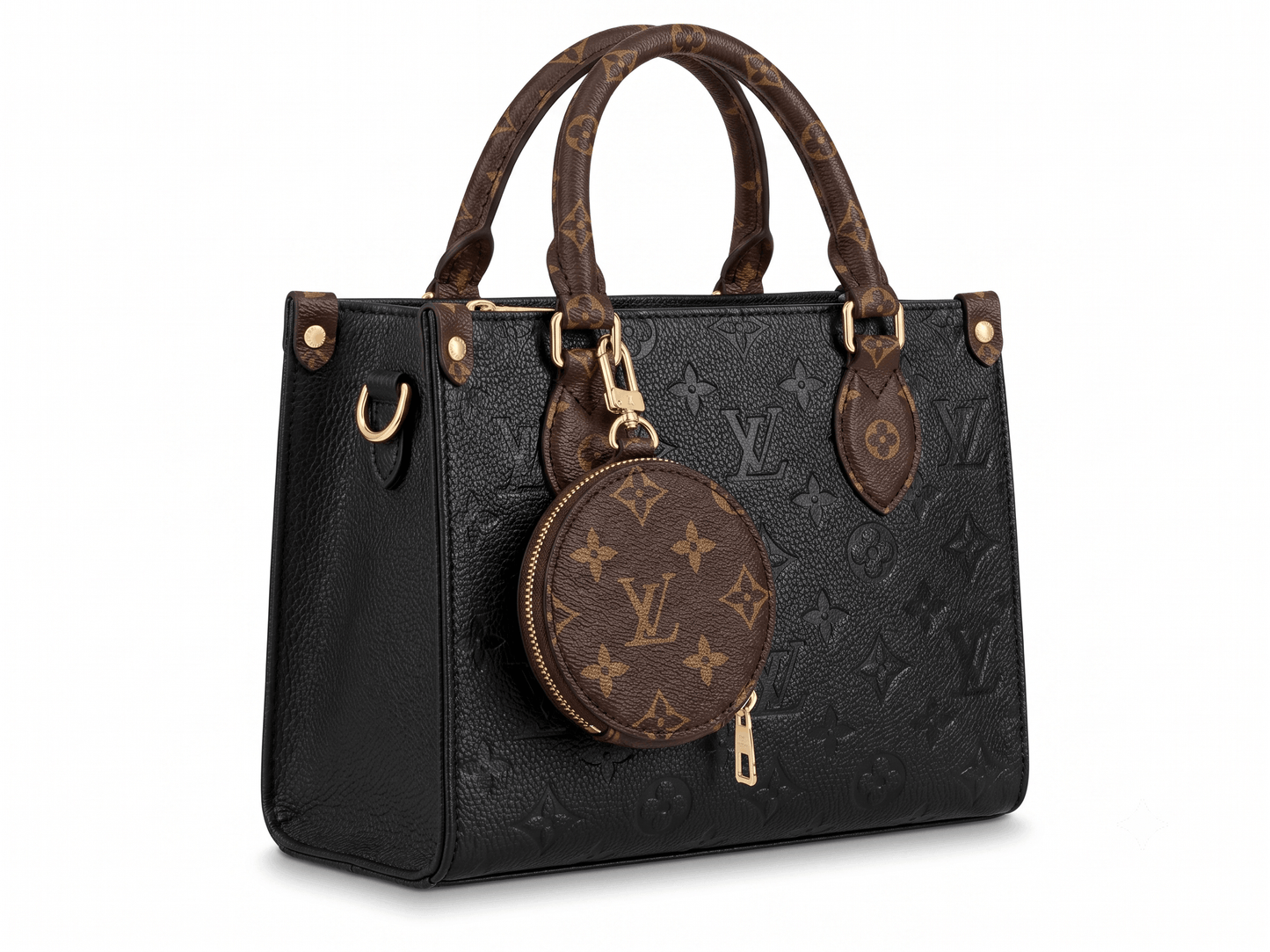 Black embossed monogram leather tote bag side view with coin purse charm