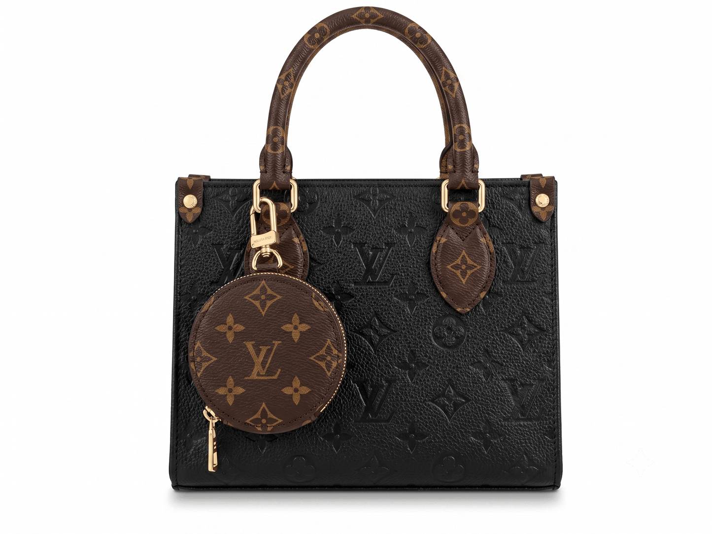Black embossed monogram tote bag front view with detachable round coin purse