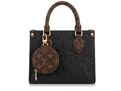 Black embossed monogram tote bag front view with detachable round coin purse