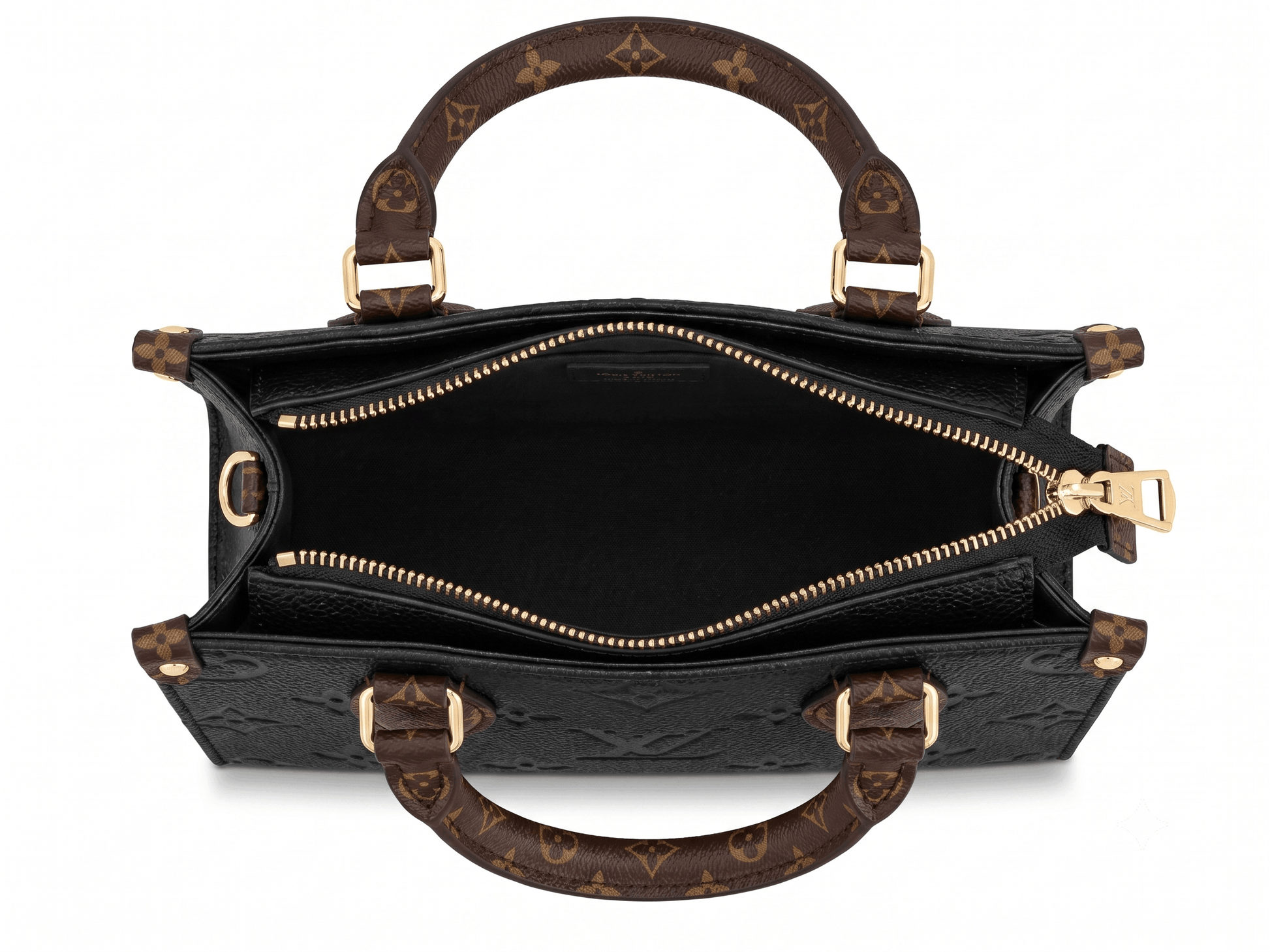 Black embossed monogram tote bag interior view showing zip closure and lining