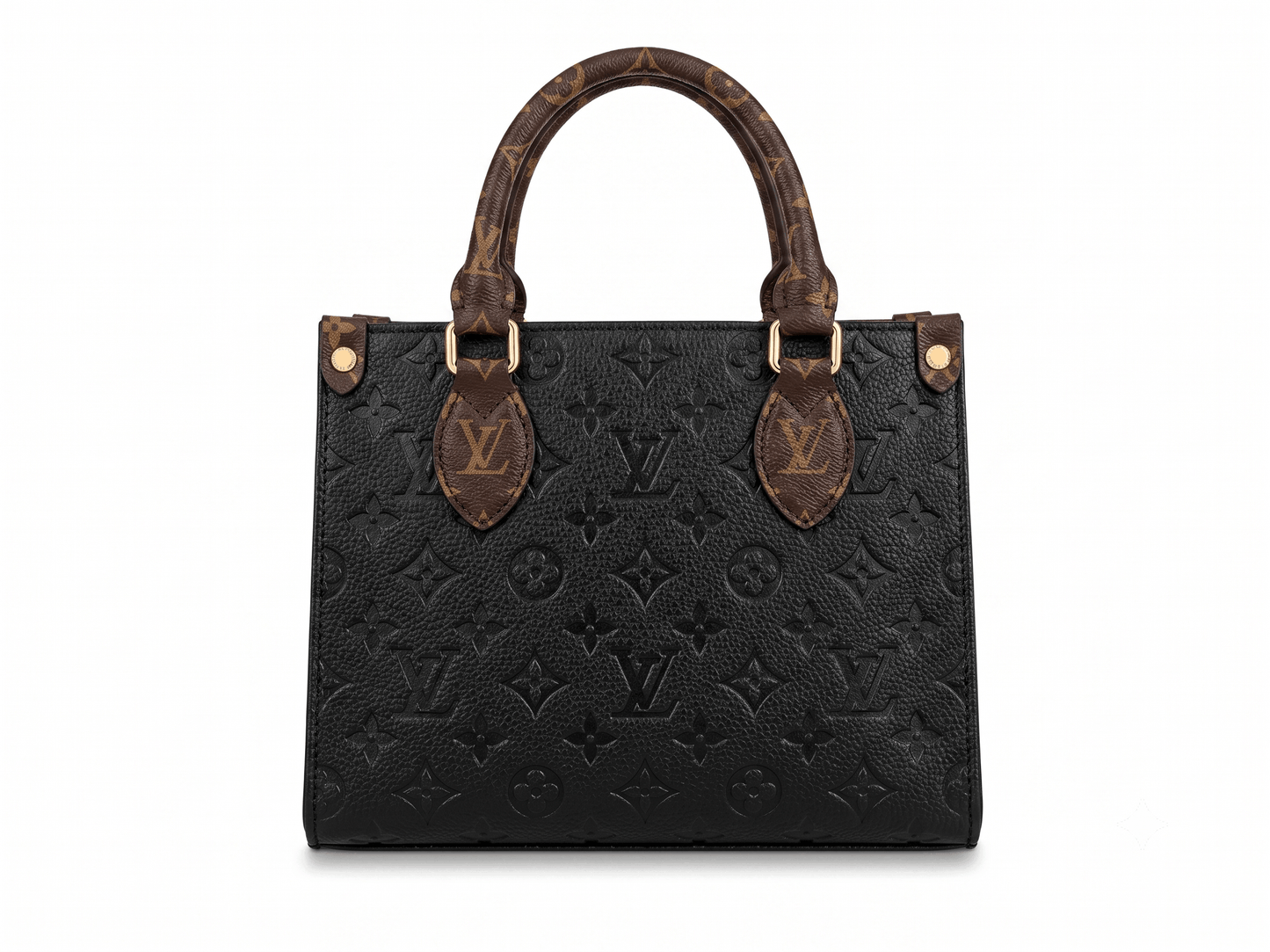 Black embossed monogram leather tote bag front view with brown monogram handles