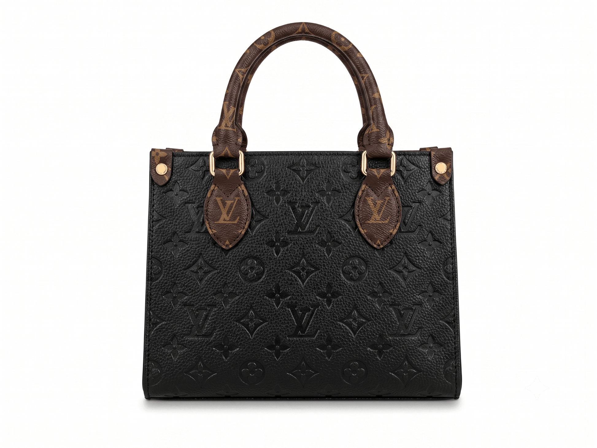 Black embossed monogram leather tote bag front view with brown monogram handles