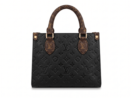 Black embossed monogram leather tote bag front view with brown monogram handles