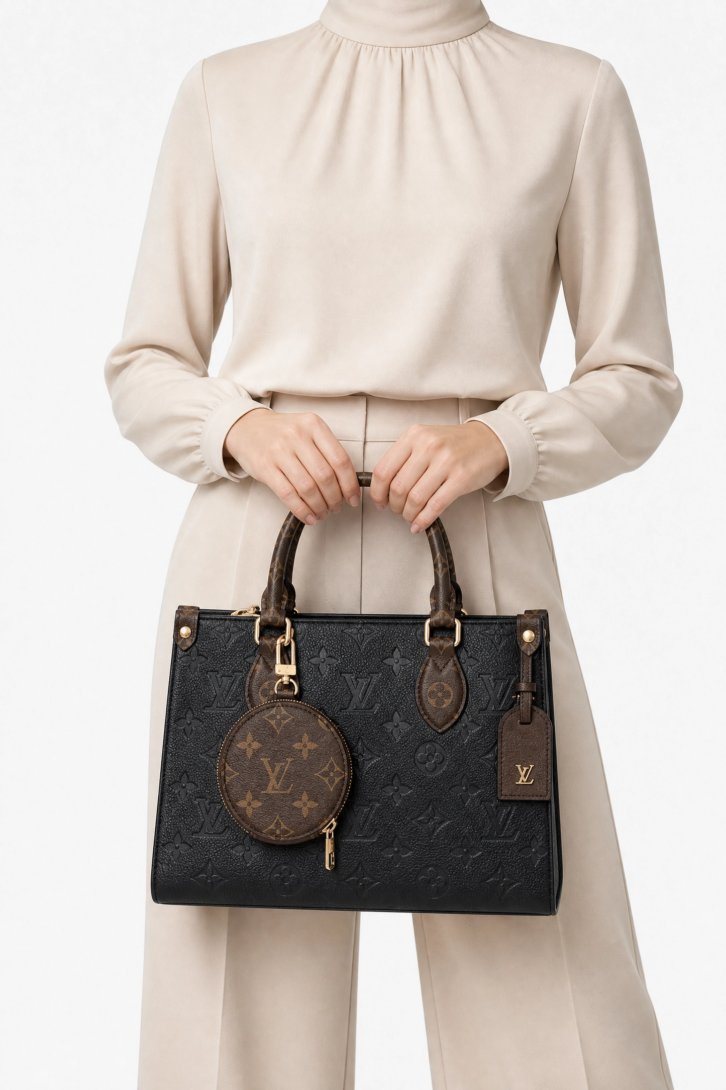 Black Embossed Monogram Leather Tote Bag with Coin Purse