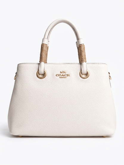COACH Pebbled Leather Women's Handbag in White with Classic Braided Rope Handles