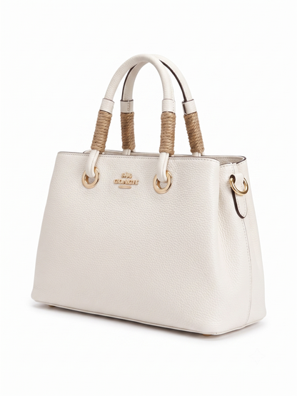 COACH Pebbled Leather Women's Handbag in White with Classic Braided Rope Handles
