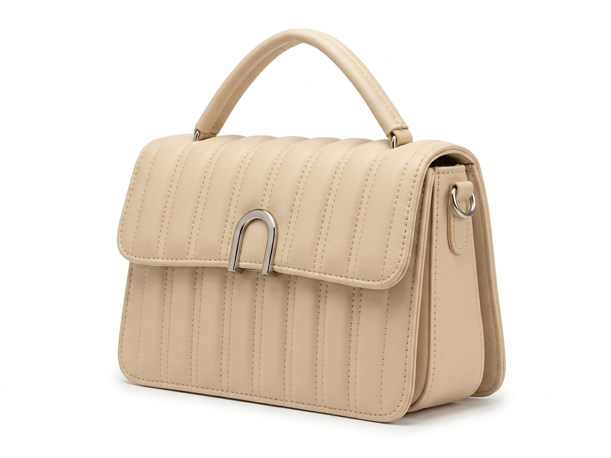 Taupe Quilted Top Handle Bag - Front View