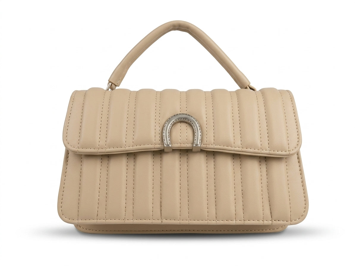 Taupe Quilted Top Handle Bag - Side View
