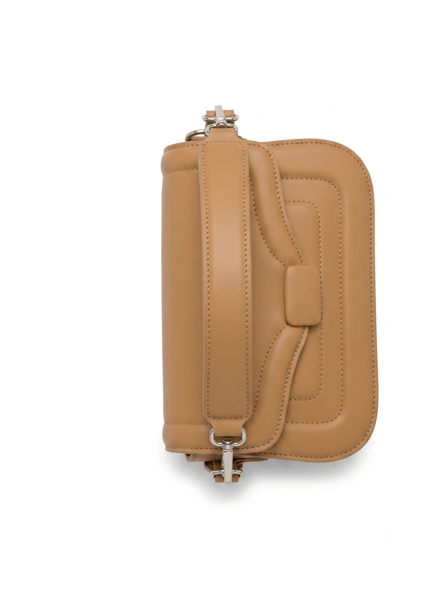 Camel quilted leather flap crossbody bag back view with adjustable strap