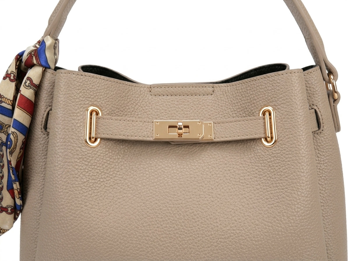 Taupe leather bucket bag back view with silk scarf