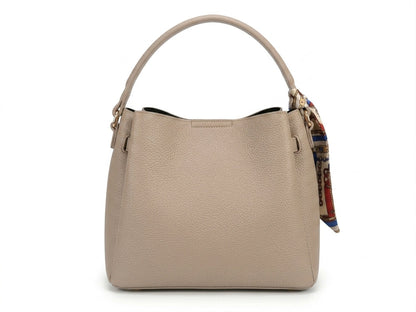 Taupe leather bucket bag side angle view
