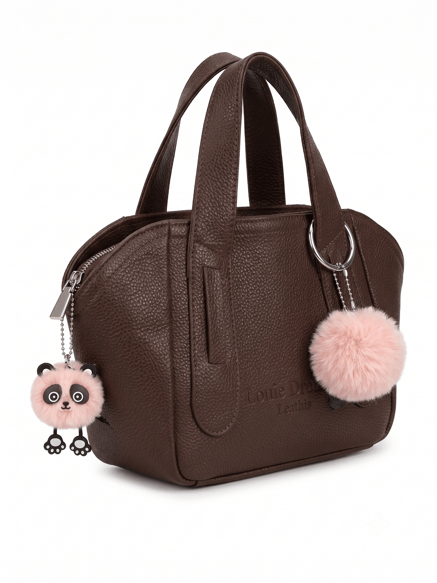 Brown pebbled leather mini satchel angle view with panda and pom-pom charms