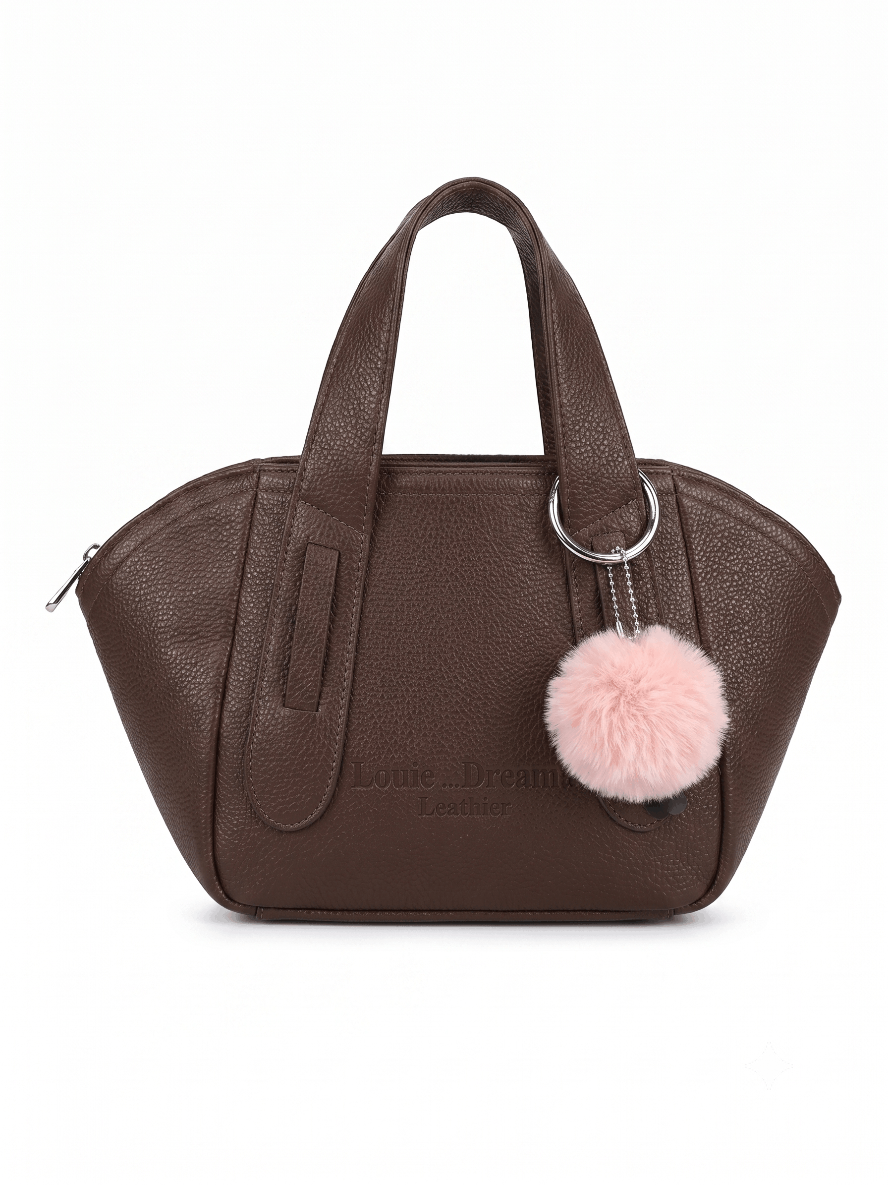 Brown pebbled leather mini satchel front view with pink pom-pom charm