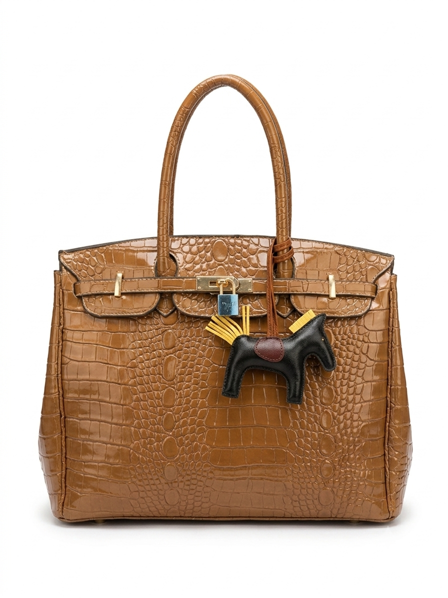 Tan crocodile-embossed leather tote bag front view with leather horse charm and yellow tassel