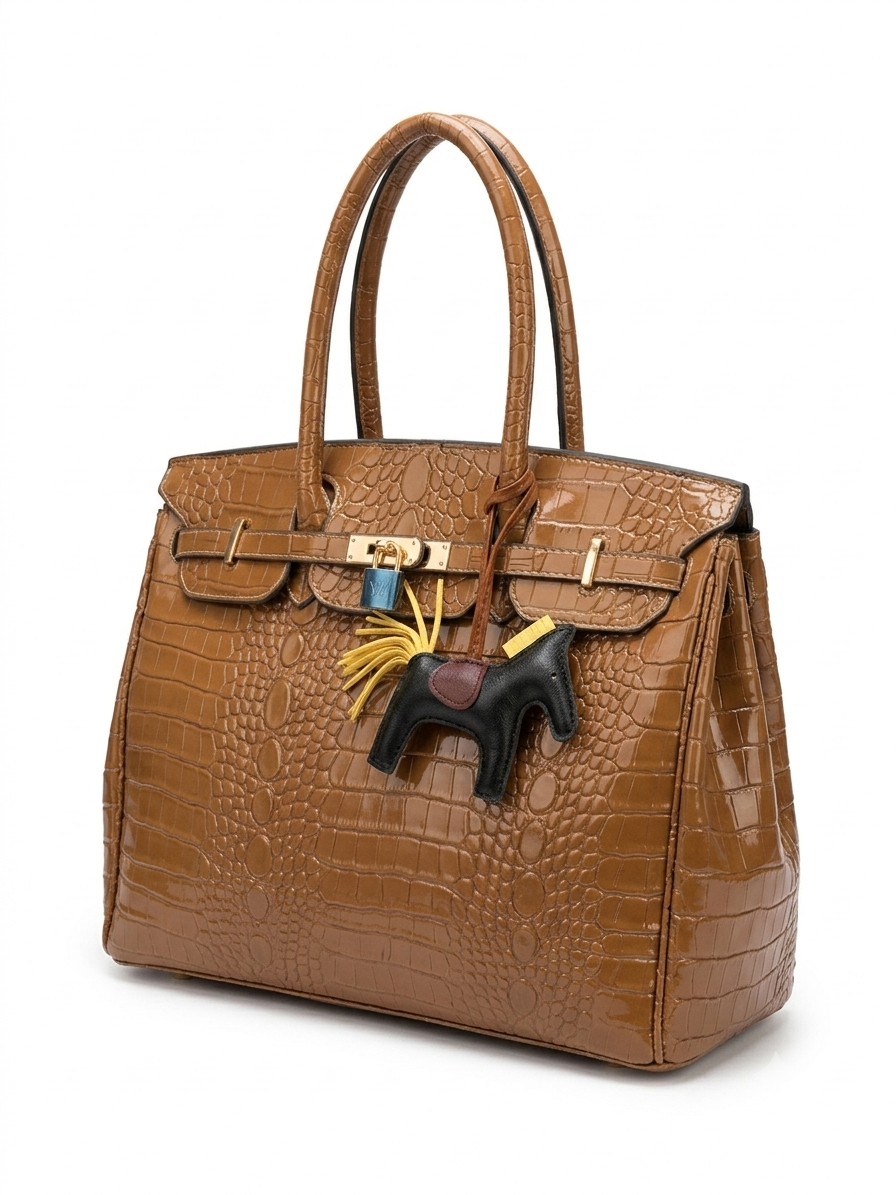 Tan crocodile-embossed leather tote bag angle view with gold padlock and horse charm