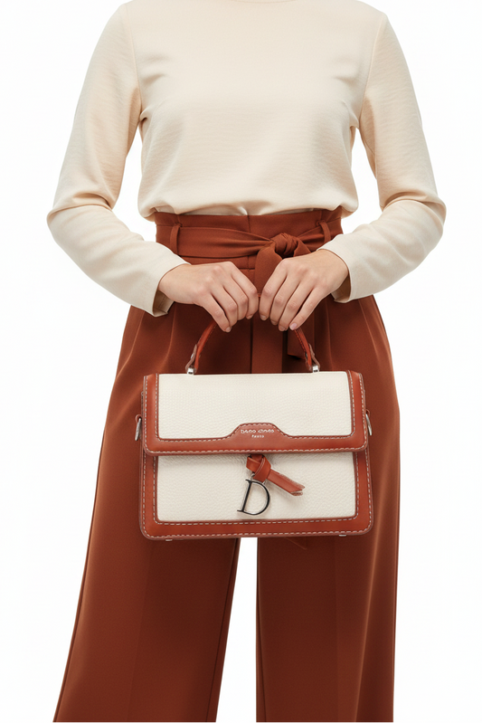 Cream canvas satchel bag top-down view showing structured handle and canvas texture