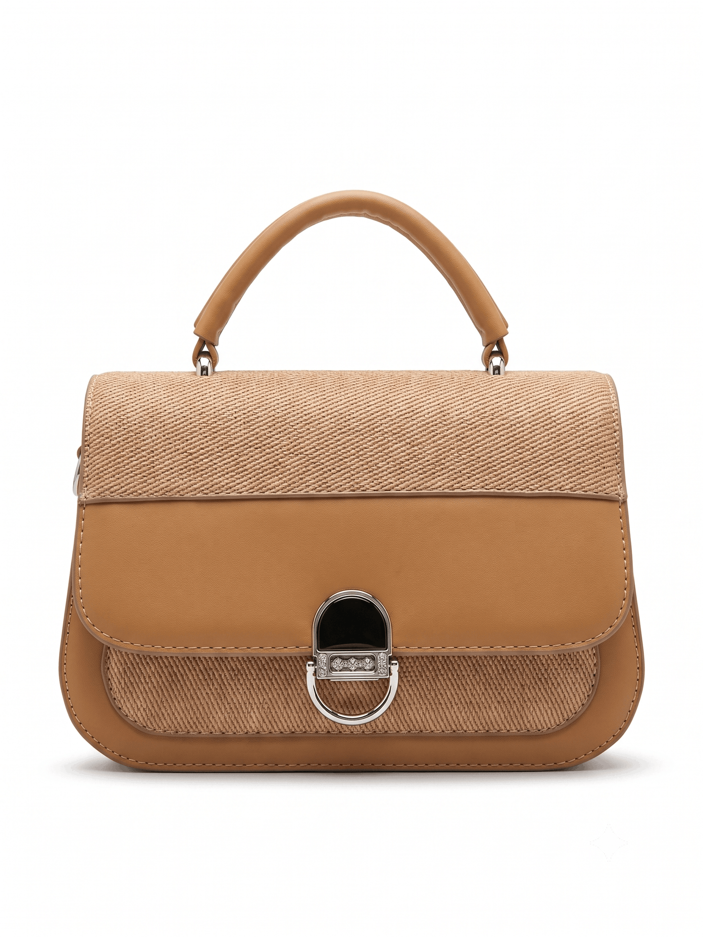 Camel raffia and leather satchel bag front view with silver turn-lock closure