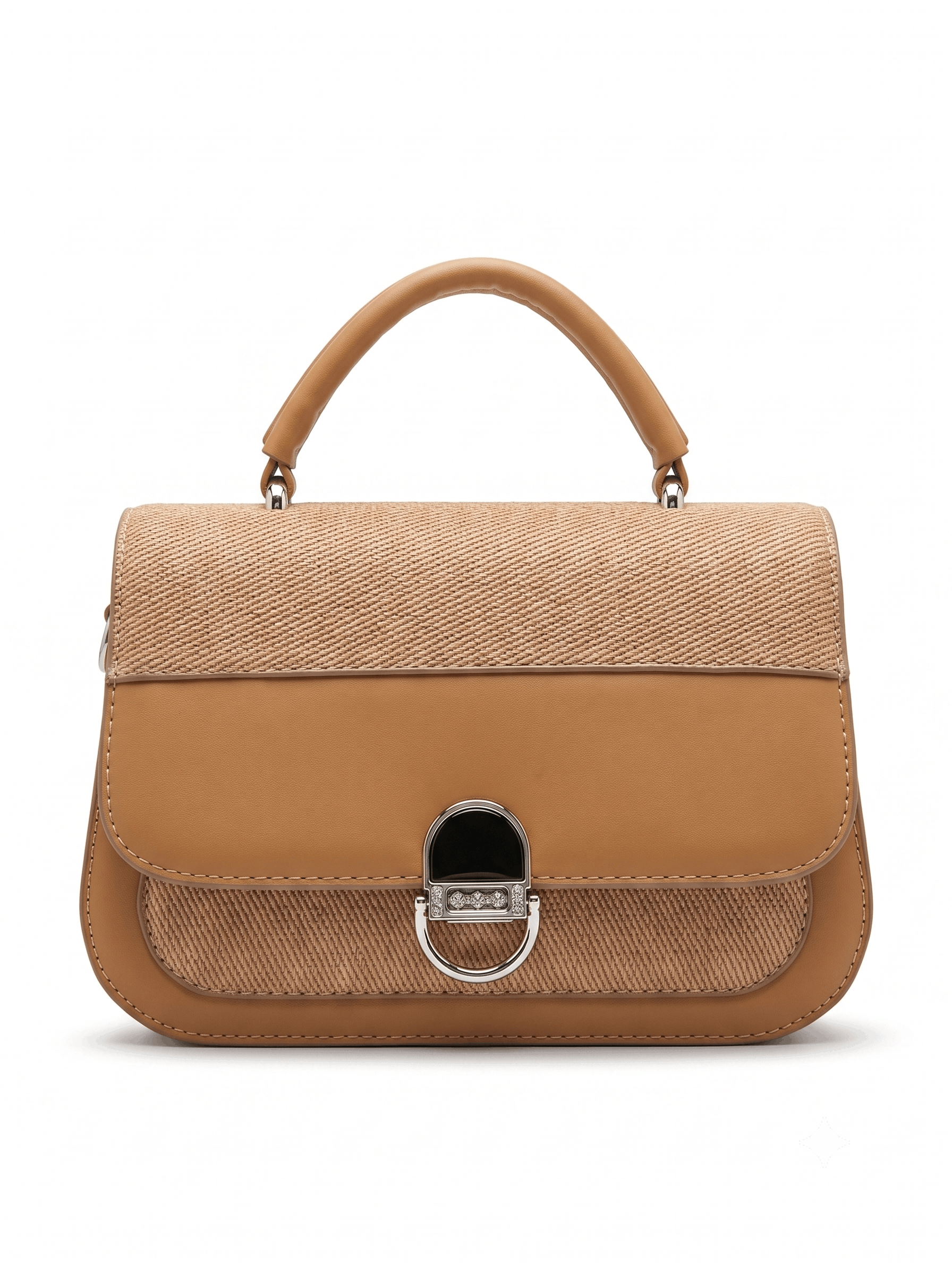Camel raffia and leather satchel bag front view with silver turn-lock closure