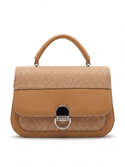 Camel raffia and leather satchel bag front view with silver turn-lock closure