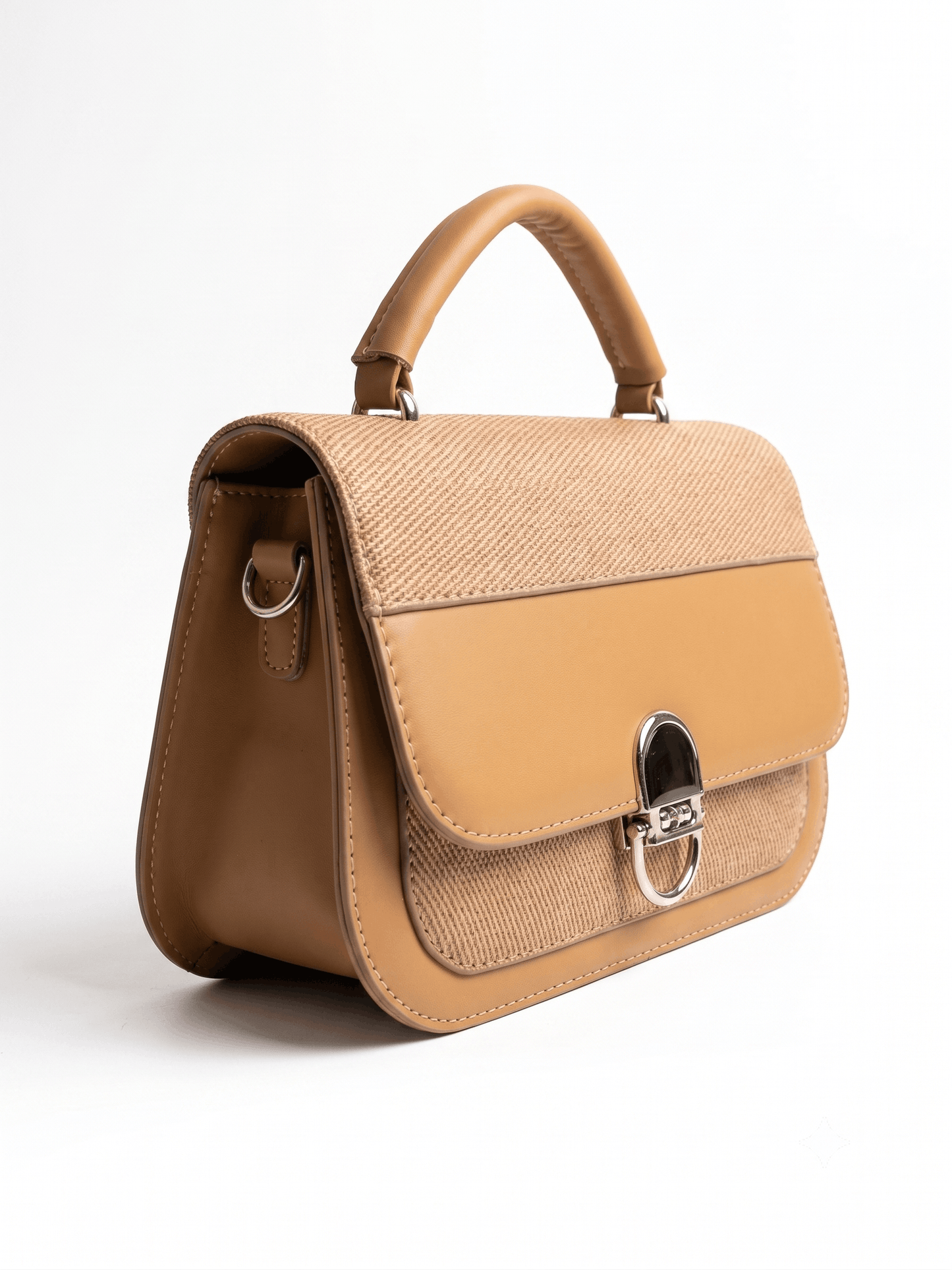 Camel raffia leather satchel bag angle view showing structured silhouette
