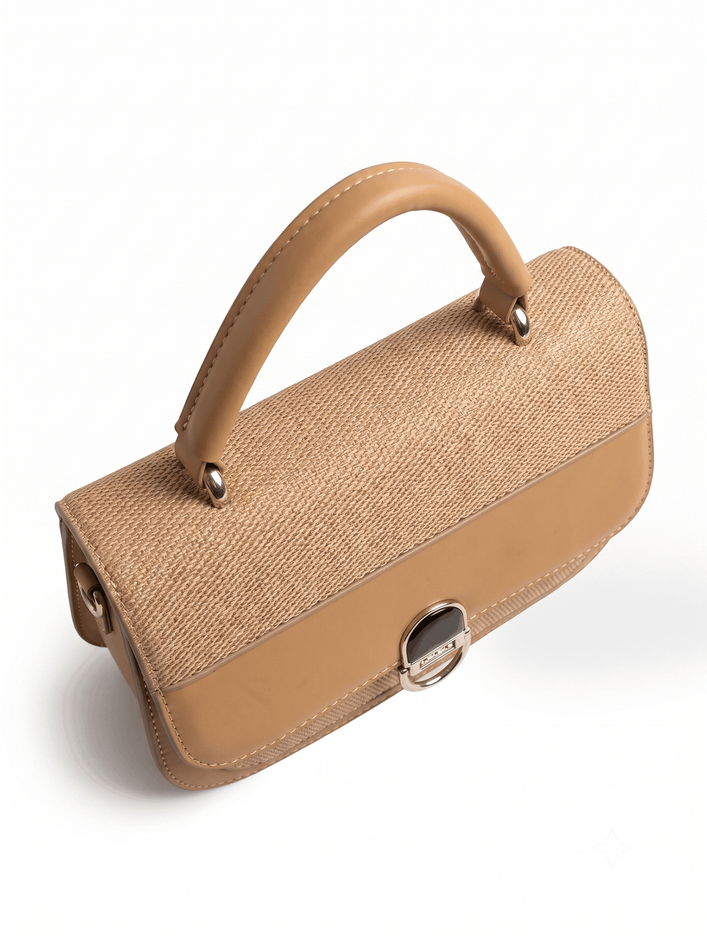 Camel raffia leather satchel bag top-down view showing woven texture and handle