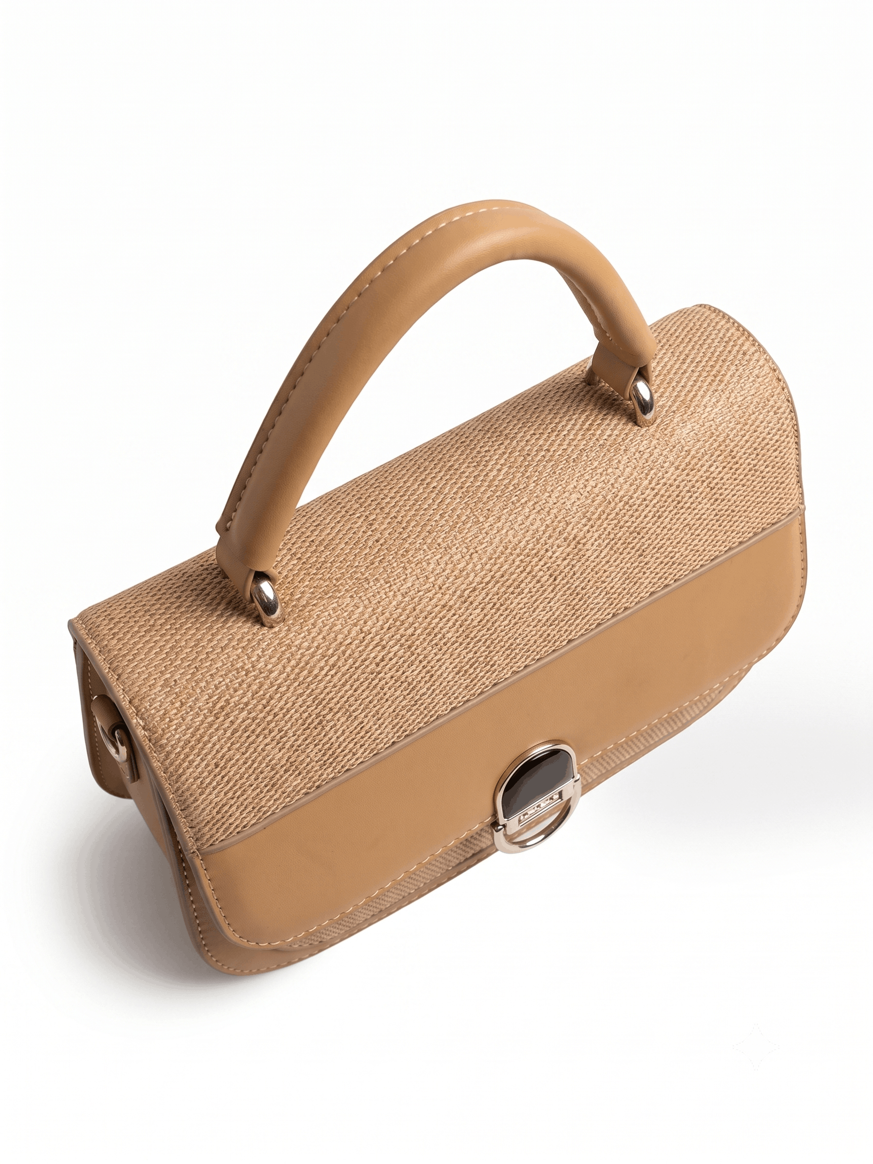 Camel raffia leather satchel bag top-down view showing woven texture and handle