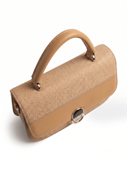 Camel raffia leather satchel bag top-down view showing woven texture and handle
