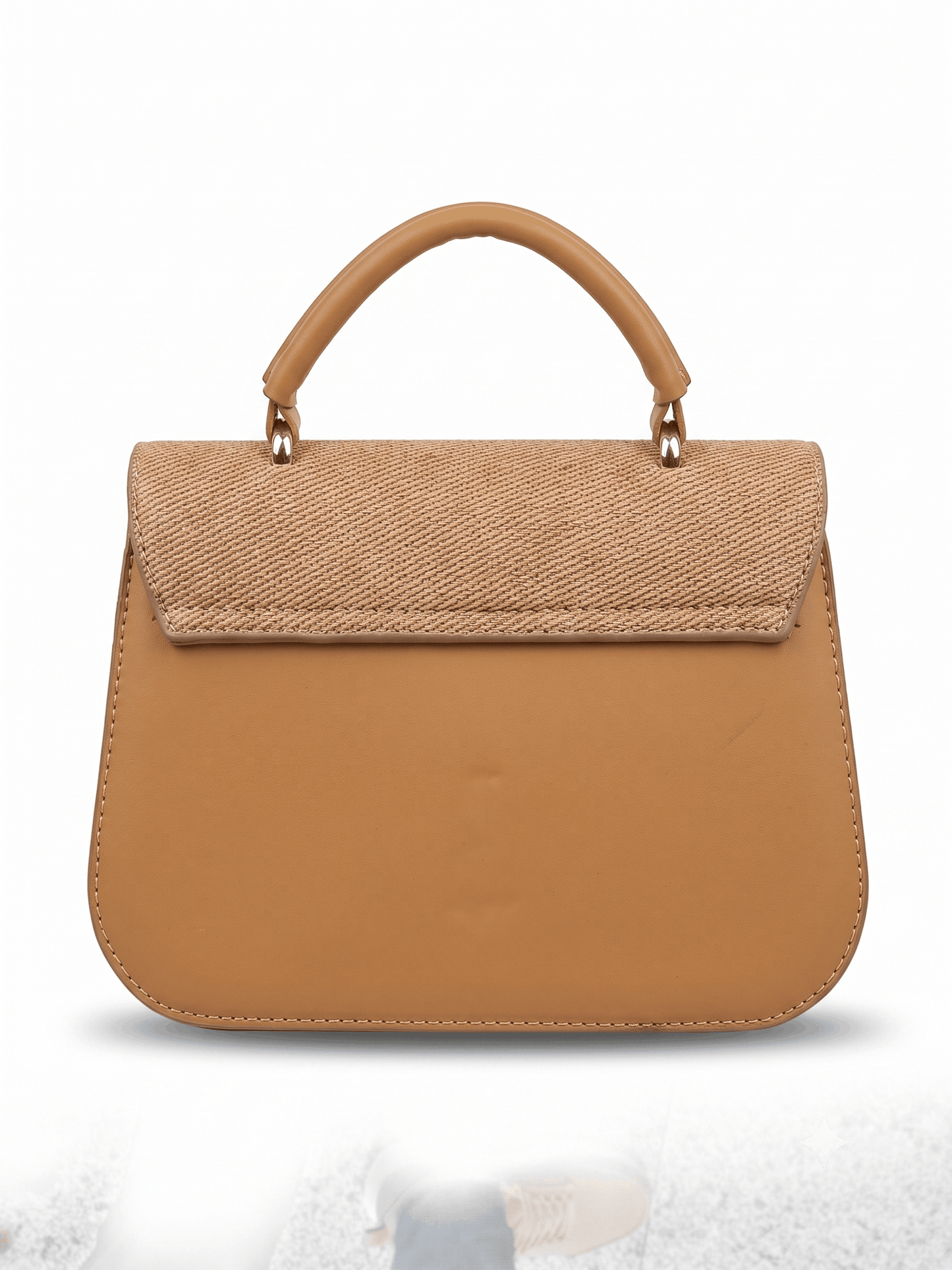 Camel raffia and leather top handle satchel bag back view