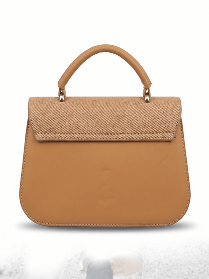 Camel raffia and leather top handle satchel bag back view