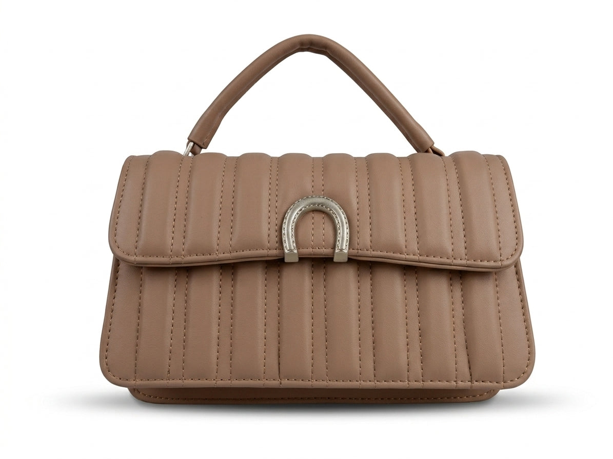 Taupe Quilted Top Handle Bag - Front View